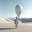 Placeholder: A photo of a balloon shaped as a futuristic girl from Dune's film, inside a light white digital desert landscape.