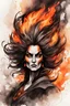 Placeholder: create an abstract ink wash and watercolor caricature portrait of a beautiful, malevolent, ornately dressed , 14th century sorceress engulfed in fire ,highly detailed with refined hair and facial features in the cartoon caricature style of Gerald Scarfe and Ralph Steadman precisely drawn, boldly inked, boldly colored, 4k