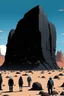 Placeholder: giant black rock in the desert with small people around n the style of Hiroshi Nagai