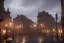 Placeholder: Small medieval fantasy town, stormy, street lights