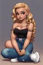 Placeholder: Create a pop punk image of a black chibi curvy female sitting on the floor looking at her cell phone. She is wearing tight blue jeans and a black off the shoulder blouse. Prominent make up with lush lashes. Highly detailed wavy ombre blonde and brown long hair. She is also wearing silver large hoop earrings