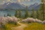 Placeholder: Sunny day, mountains, flowers, pathway, pine trees, lake, distant trees, theodore robinson impressionism painting