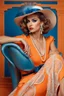 Placeholder: full body beautiful girl, elegant orange,lace clothes of the 80s, luxury style, small elegant hat with feather, hair of the 80s, pearl necklace, earrings masterful, beautiful face,blue backdrop