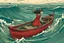 Placeholder: in the sea - a boat with red winds and a beautiful girl on the shore