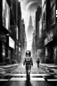 Placeholder: picture from a black and white grayscale cityscape. In the middle a color step transition 3d figure of a little girl walking in irridescent space suit on the street, contrast between her and the black and white scape space, enhancing the contrast between her and city , ultra quality, high digital illustration, cinematic, masterpiece, dystopian atmosphere, stunning