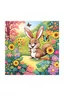 Placeholder: The cute bunny excitedly looks at a bright yellow sunflower in the colorful garden, the beautiful butterfly and friendly brown squirrel are in the picture, child book illustration style, faces must be the same as reference image