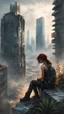 Placeholder: A girl sitting on top of a wall in an apocalyptic world, with broken skyscrapers, wild plants, and rusty vehicles