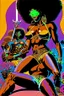 Placeholder: 70s graphic illustration, highly detailed, style of Black light poster design in the style of George Goode, of a retro futuristic scene of a “a black man warrior with an afro, lean build, muscular definition, yielding a large sword, while a beautiful black woman with an afro wearing nothing but a bikini, sits next to him but on the ground, the background bursts with fluorescent pink flame, trippy, aura, neon fluorescent glow, psychedelic, shimmering, fluorescent colors, mystique,