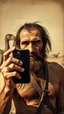 Placeholder: An old picture style of brown and white and very bad quality old camera with cracks of a Neanderthal man holding an IPhone the year 1900 in the background from a distance dinosaurs