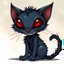 Placeholder: cartoon art from whimsical weird dark blue vampire cat with big head with crepy red eyes, black tail, big smile with sharp teeth, messy body hair, thin little body big paws sitting and looking devilishly, surreal crepy cute style , anime, comics, blur transparent background