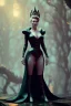 Placeholder: Hannah Waddingham as evil queen in black leather gown standing next to a tiny man, busty, cleavage, voluptous, rebecca Welton, angry, stern look. character design by cory loftis, fenghua zhong, ryohei hase, ismail inceoglu and ruan jia. unreal engine 5, artistic lighting, highly detailed, photorealistic, fantasy