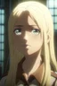 Placeholder: Attack on Titan screencap of a female The main character is a girl with light straight hair and different eyes Turning