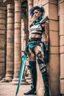 Placeholder: woman in retro-futurist cyberpunk costuming leaning to the side against a stone pillar of a Egyptian + cyberpunk post apocalyptic building, 2 swords in scabbards at hip