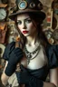 Placeholder: adult, woman, necklace, steampunk hat, delicate features, unique style, pale skin tone, dark eyes, dark lipstick, regal rebell-steampunk dress, dark dress, black elbow gloves, long hair, holding an mecha-cotton bag, ethno steampunk style, whimsical vibe, high detalied, realistic, cinematic, random background