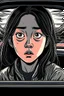Placeholder: A Chinese person, girl, 18 years old, delicate features, pretty, serious expression, ((((( sitting in a car )))), background car, front view, close focus, horror scene, eerie, dim, 8K, graphic novel sketch, graphic novel style, 2D effect, flat colors, gloomy drawing style
