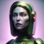 Placeholder: woman, irish, green, heavily made up face, round helmet, decorative feathers, retro futuristic, latex coat, soft color, highly detailed, art stations, concept art, smooth, unreal engine 5, god rays, ray tracing, RTX, lumen lighting, ultra detail, volumetric lighting, 3d, finely drawn, high definition, high resolution.