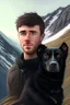 Placeholder: Escape to the mountains, buzzed brown hair guy and cute realistic black dog