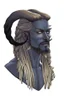 Placeholder: A tieffelin with blue skin and white Dreadlock hair. His pupil-less eyes are green. He wears a small beard. His horns are black and curved backwards. He wears a beige tunic.