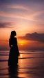 Placeholder: a silhouette of a woman against a breathtaking sunset by the sea. Emphasize the warm tones of the sunset and the serene beauty of the woman as she gazes out over the horizon