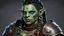 Placeholder: generate a dungeons and dragons character portrait of a female orc. She has green skin, black braided hair and blue eyes. She is wearing brown leather armour.