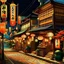 Placeholder: Utagawa Hiroshige, japanese traditional art, japanes village street, neon lights, ramen bar, lanterns, shop signs, night time, beautiful scenery