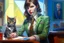 Placeholder: kitten brunette woman secret agent joker in an office in sunshine, very detailed, oil painting