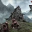 Placeholder: zombies crawling up a mountain, mountain hut, realistic, movie style, digital art