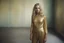 Placeholder: Margot robbie, without a face, , hippie girl, gold body in a liminal empty room, old autochrome