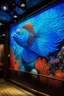 Placeholder: Project dynamic visuals of Mandarin Fish swimming and interacting with the textile elements onto the walls and hanging sculptures. Ensure that the projections seamlessly integrate with the textile materials to create a cohesive visual experience.