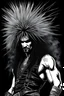 Placeholder: a white man named Elvin J. Snoodle with long, spikey, black teased up, motley crue style big hair with an extreme tall and muscular stature