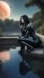 Placeholder: Fantasy Photo Of A Woman With Black Hair, Wearing A robot-looking catsuit, Sitting sideways On A Ledge next to a Pond, With A Planet Behind Her Head