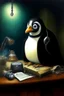 Placeholder: 1970's dark fantasy cover dnd style oil painting frontal webcam picture of pengu the penguin, busniess and money bank. he is the boss in a gold mine.