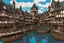 Placeholder: gothic medieval wooden harbour with piers and ships, people, shops, bridges, arches, balconies, taverns, blue sky