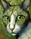 Placeholder: Detailed Surreal Portrait of Oriental blue and white tabby cat, with a triangular slender white face, large ears and green eyes by Gustav Klimt muted colors.