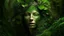 Placeholder: A surreal artwork featuring a woman's face seamlessly integrated with lush green foliage, creating a harmonious fusion of the human and nature. The style is montage-like, with intricate details of leaves and moss forming the contours of her face and hair. Her facial features, including eyes, nose, and lips, are subtly defined by the varying hues and textures of the vegetation. The background depicts a verdant landscape with rolling hills and a distant view of the ocean under a clear sky, enhanci