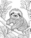 Placeholder: create a 2d black outline, "safari smiling cartoon sloth on a branch coloring book for kids", coloring page, low details design, black contour, coloring page design, simple background, colorful , card style, coloring page for kids, white background, sketch style, safari landscape, cartoon style