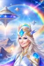 Placeholder: cosmic woman angels smile,admiral high commander from the future, one fine whole face, crystalline skin, expressive blue eyes,rainbow, smiling lips, very nice smile, costume rainbow pleiadian, Beautiful tall woman pleiadian Galactic commander, ship, perfect datailed golden galactic suit, high rank, long blond hair, hand whit five perfect detailed finger, amazing big blue eyes, smilling mouth, high drfinition lips, cosmic happiness, bright colors rainbow, blue, pink, gold, jewels, realist,8k