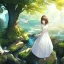 Placeholder: anime girl meditating, rock trees, birds, creek, meditation pose, girl wearing white dress, rear facing