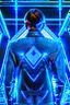 Placeholder: cyberpunk, neon blue, triangle of light behind the back, cyber suit, geometric patterns on a suit, male