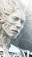 Placeholder: Complex 3d render ultra detailed of a handsome male porcelain profile face, biomechanical cyborg, analog, 150 mm lens, beautiful natural soft rim light, big leaves and stems, roots, fine foliage lace, colorful details, massai warrior, alexander mcqueen high fashion haute couture, pearl earring, art nouveau fashion embroidered, steampunk, intricate details, mesh wire, mandelbrot fractal, anatomical, facial muscles, cable wires, elegant, hyper realistic, ultra detailed, octane render