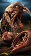 Placeholder: cinematic gore Bosch versus Dali style photorealistic fleshy photo of a skinned flayed ostrich that's wearing carnivore dentures with giant carnivore teeth. mangled, 1 soul vortex, complementary, anatomically fragmented, ripped apart, skinned alive. A beating heart, muscles, blood vessels, bowels, entrails are exposed. Visceral anatomy. physiology. Bosch and Dali inspired hallucinations. mythology. grotesque.