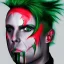 Placeholder: Keith Flint symmetric geometric portrait, realistic 3d anime , green hair, black metal facepaint, red eyes