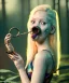 Placeholder: Ultra realistic photographic portrait, happy blonde woman smoking a pipe in Wonderland, wide angle view, smile steampunk dress style, marihuana plants, rain, color fog, color smoke, soft color, highly detailed, unreal engine 5, ray tracing, RTX, lumen lighting, ultra detail, volumetric lighting, 3d, finely drawn, high definition.