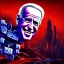 Placeholder: CRAZY Joe Biden caricature, cyberpunk, landscape, transformers, hi-tech robots, GUITARS, cinematic, highly detailed, close up, 4k, deep colors, gold, fire, red, purple, dark, ethereal, utopia, apocalypse, flying Cadillac, from outer space