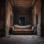 Placeholder: Hyper Realistic traditional ancient broken sofa between a huge dark hallway of a historical Indian palace with peeling wall paints at night