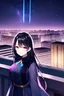 Placeholder: girl, masterpiece, best quality, cinematic lighting, detailed outfit, vibrant colors, perfect eyes long hair, black hair, purple eyes, night sky, starry sky, shooting star, rooftop, town, smile,