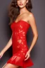 Placeholder: full body shot of young, beautiful Ozbek brunette with a perfect happy face with make up, wearing red lace off shoulder dress, in a dance club, hands on her hips