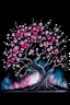 Placeholder: Watercolor of a Japanese cherry tree in bloom, isolated on a dark night background, branches bending low under the weight of flowers, highly detailed, fine details, petals flowing in the wind, moon light, dramatic atmosphere, dream like