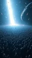 Placeholder: A field of random people in a bright lighting , at the end of the picture a huge complicated details texture of a dark blue spaceship , lot of rockets and falling stars filling the picture
