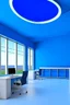 Placeholder: The office desks room is hung on the walls in an oval shape, the color of the walls is blue, the floor is white, and the shape of the offices is curved